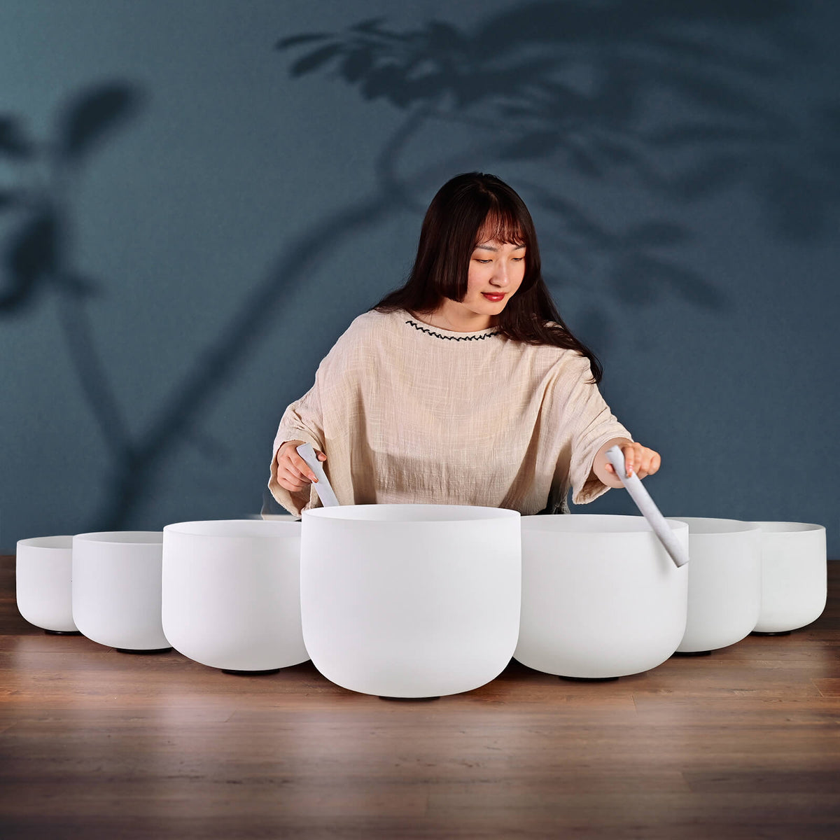 CVNC 9-16 Inch 7 PCS Frosted White Crystal Singing Bowl Set With