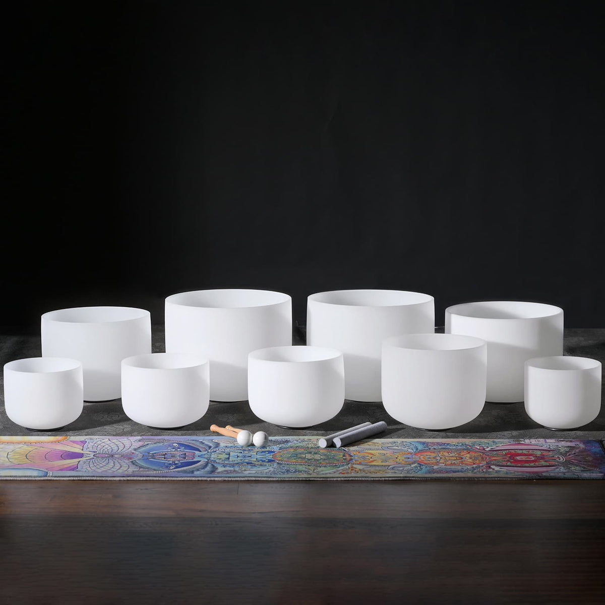 CVNC 8-14 Inch 9 PCS Frosted White Crystal Singing Bowl Set With