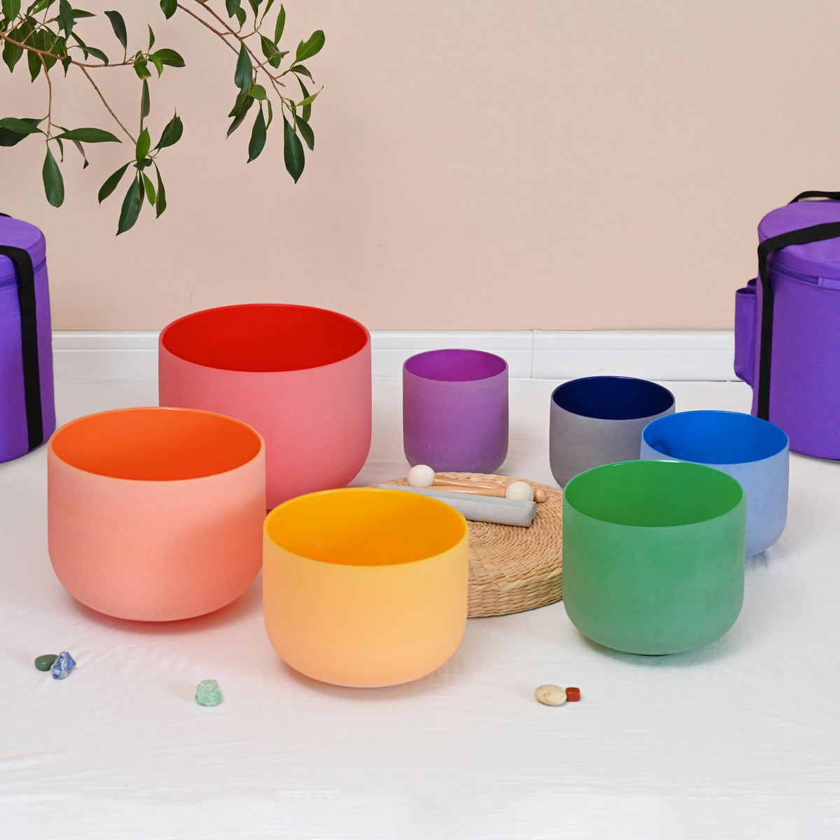 CVNC 6-12 Inch 7 PCS Colored Frosted Crystal Singing Bowl Set For