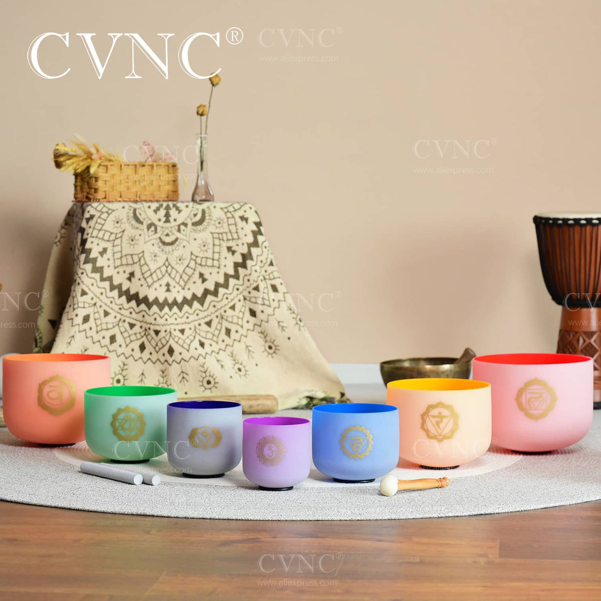 CVNC 432Hz 6-12 Inch 7 Chakra Colored Frosted Crystal Singing Bowl Set ...