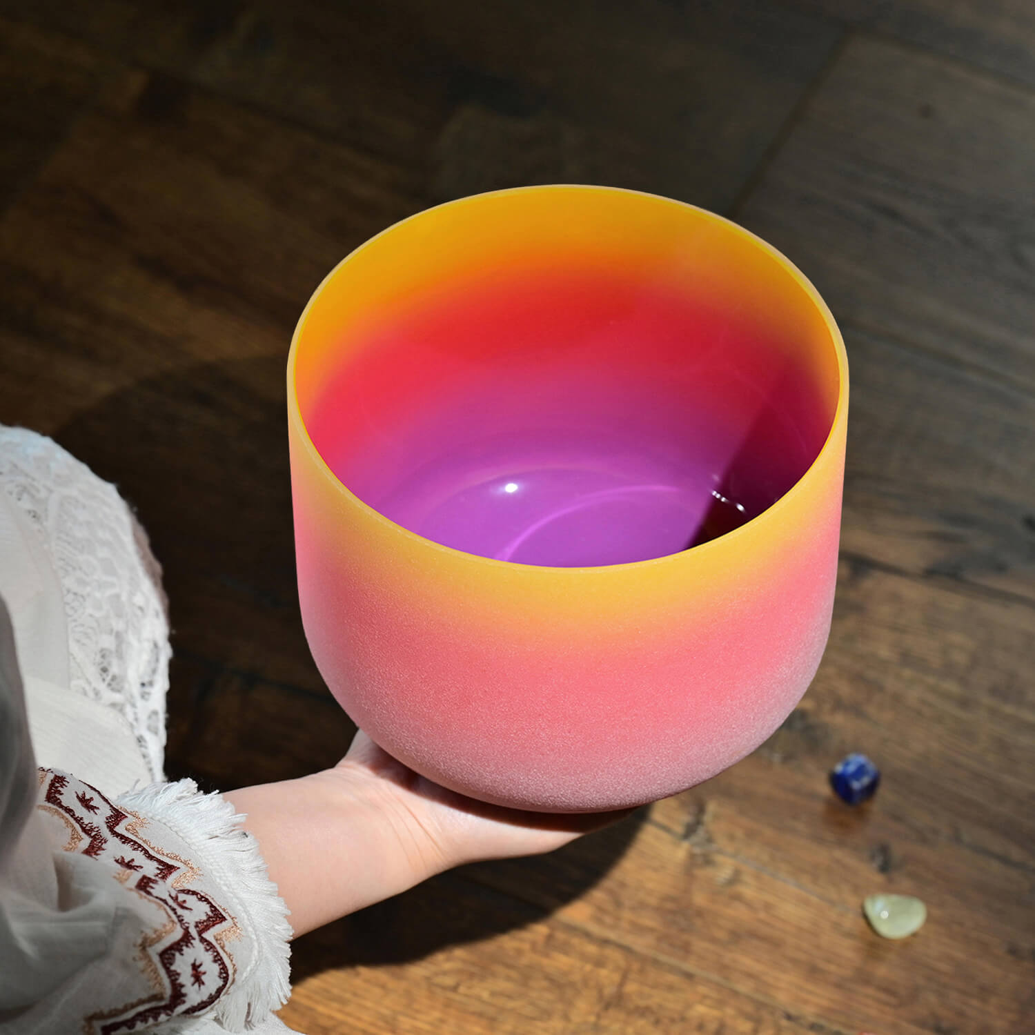 432 Hz E Solar Plexus Chakra Rainbow Frosted Quartz Crystal Singing Bowl - 8 Inch