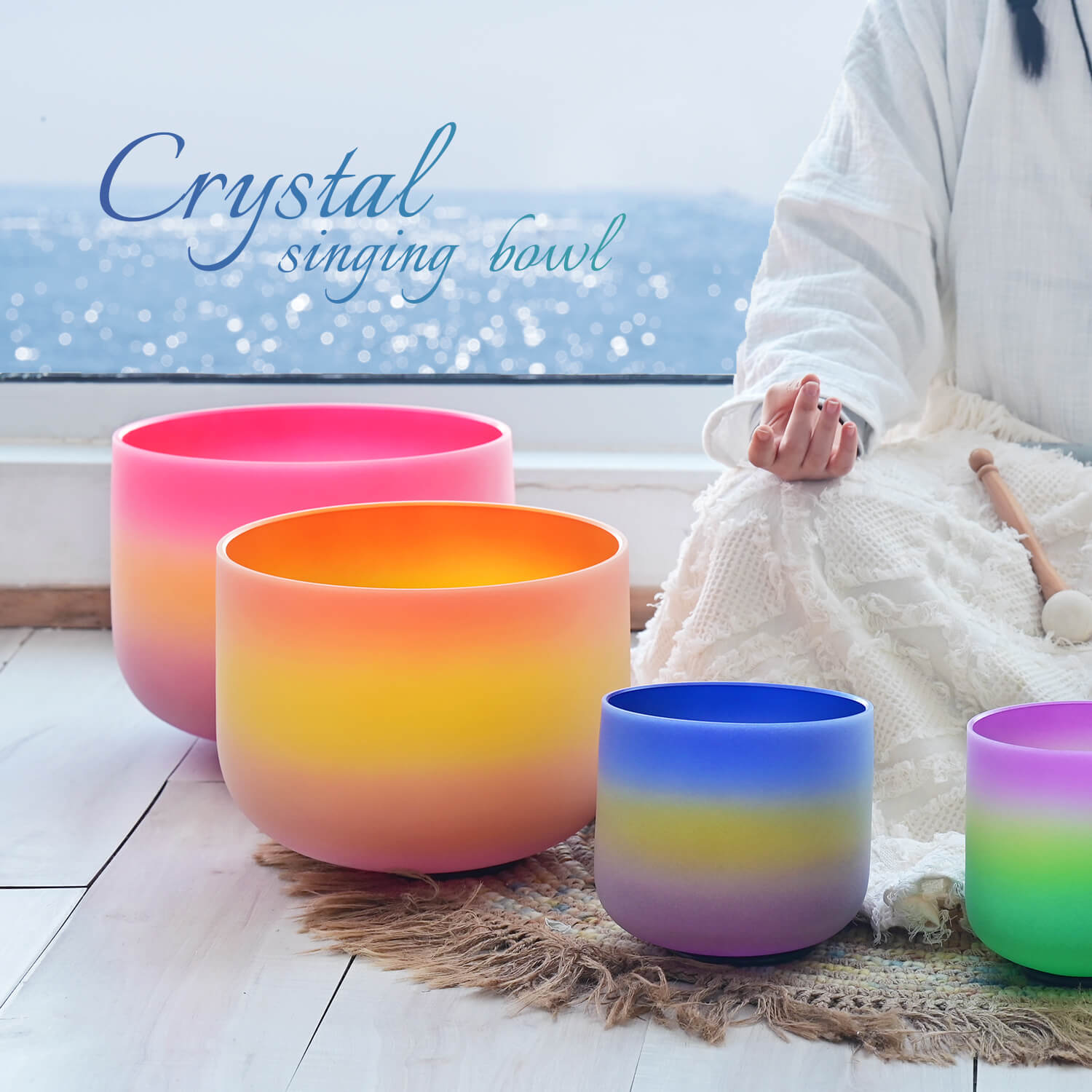 CVNC 8-14 Inch Rainbow Color Frosted Quartz Crystal Singing Bowl